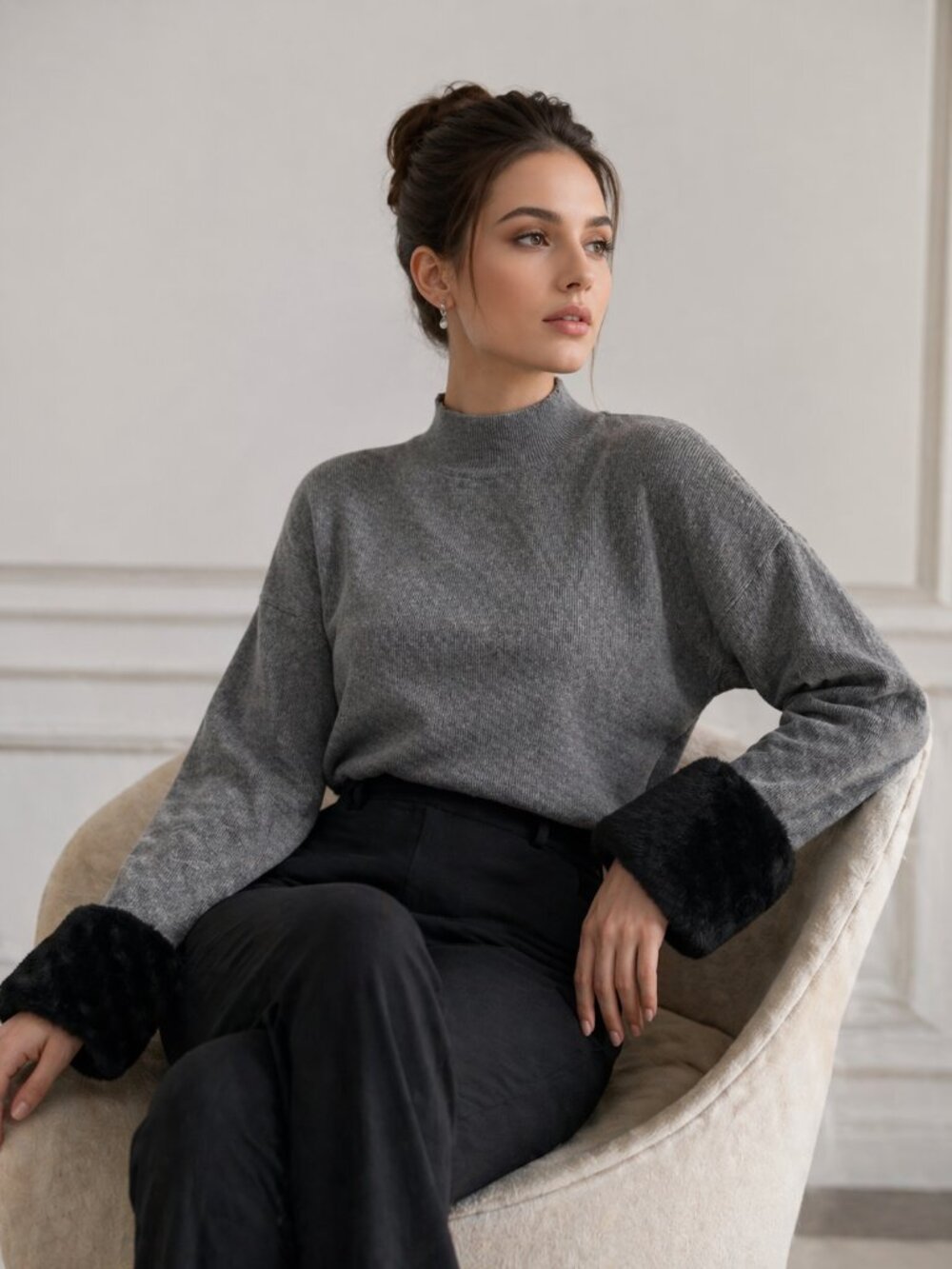 Subdued Women's Gray Knit Mock Neck Sweater with Black Faux Fur Cuffs, One Size